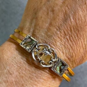 Vintage Gold Tone Abalone Dolphin Cuff Bracelet | Adjustable | 6.5–8”